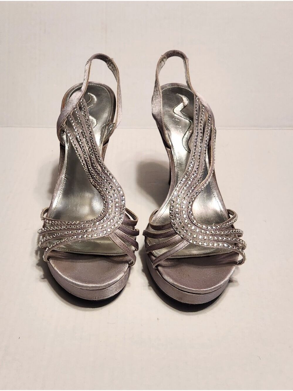 Nina Satin Rhinestone Strappy Sling Back Stiletto Dressy Party Sandals Silver 10 - Picture 5 of 11